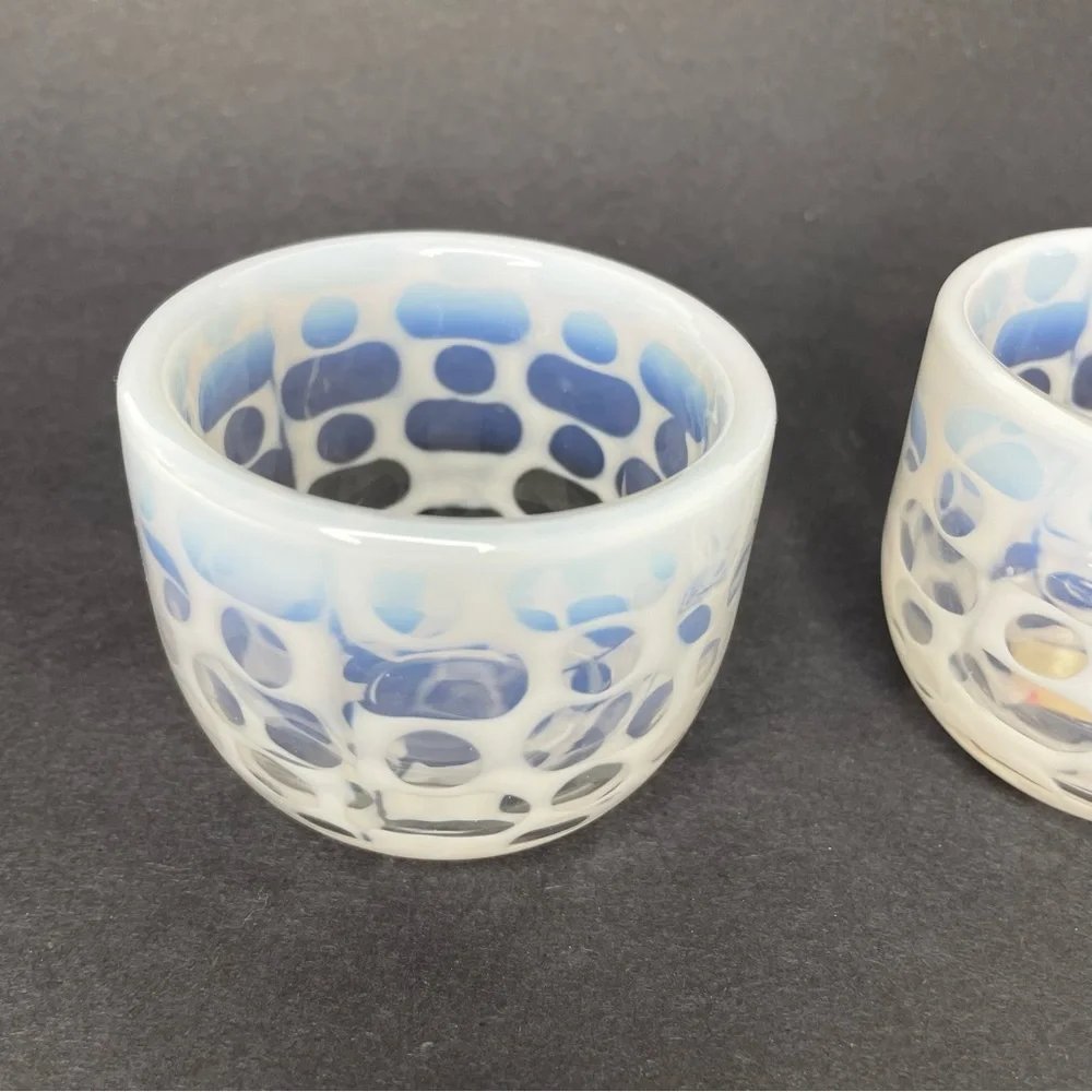 Pair of Crate & Barrel Art Glass Moonstone Lacy Votive Candle Holders 2 1/4